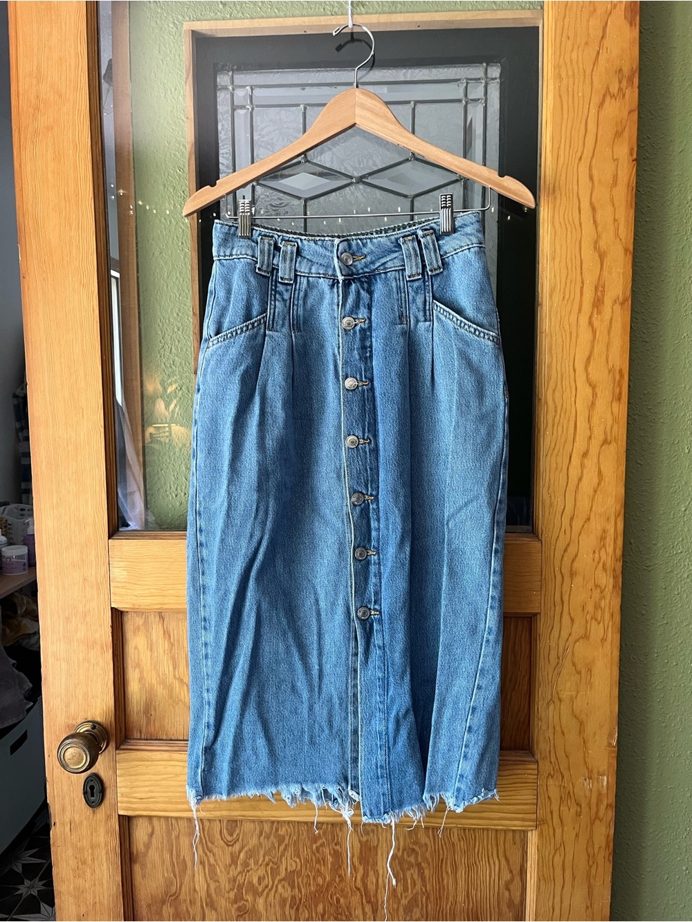 Free People Blue Denim Button-Front Midi Skirt